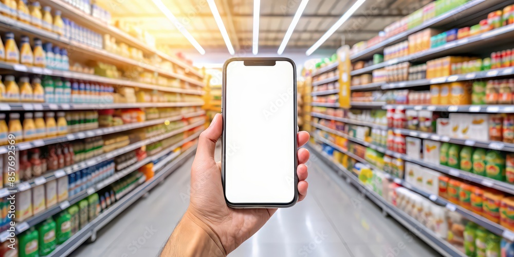 Blank screen mockup of smartphone with augmented reality shopping app at supermarket , online shopping, food delivery, technology, grocery, mobile, purchase, convenience Blank screen mockup of smartphone with augmented reality shopping app at supermarket , online shopping, food delivery, technology, grocery, mobile, purchase, convenience