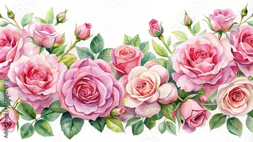 Fototapeta Naklejka Na Ścianę i Meble -  Watercolor s of beautiful pink roses arrangements on white background, Pink, Roses, Watercolor, Floral, Design, Composition, Cards, Invitations, Stickers, Print, Border, Corner, Elements