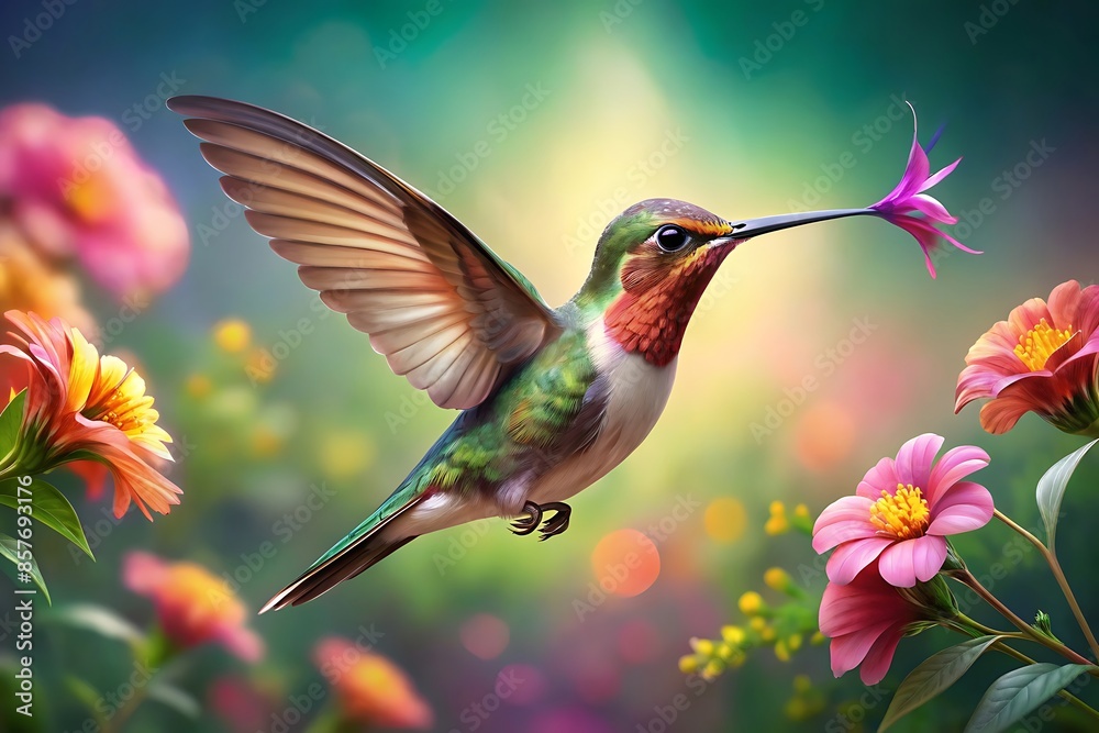 Fototapeta premium Hummingbird flying to pick up nectar from a beautiful flower.AI GENERATED
