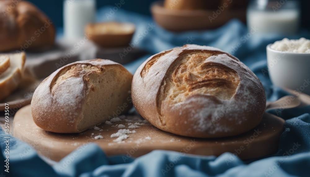 View of delicious bread with flour on blue cloth View of delicious bread with flour on blue cloth