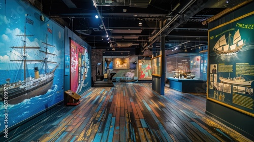 Detailed view of ship museum artifacts focus on vibrant overlay exhibition hall