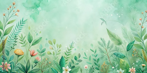 Fototapeta Naklejka Na Ścianę i Meble -  Abstract watercolor green background with plants and flowers, pastel green wallpaper, watercolor, green, background, plants, flowers, pastel, wallpaper, abstract, nature, botanical, foliage
