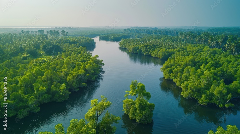 Aerial View of a Serene River Winding Through Lush Green Mangrove Forest Aerial View of a Serene River Winding Through Lush Green Mangrove Forest