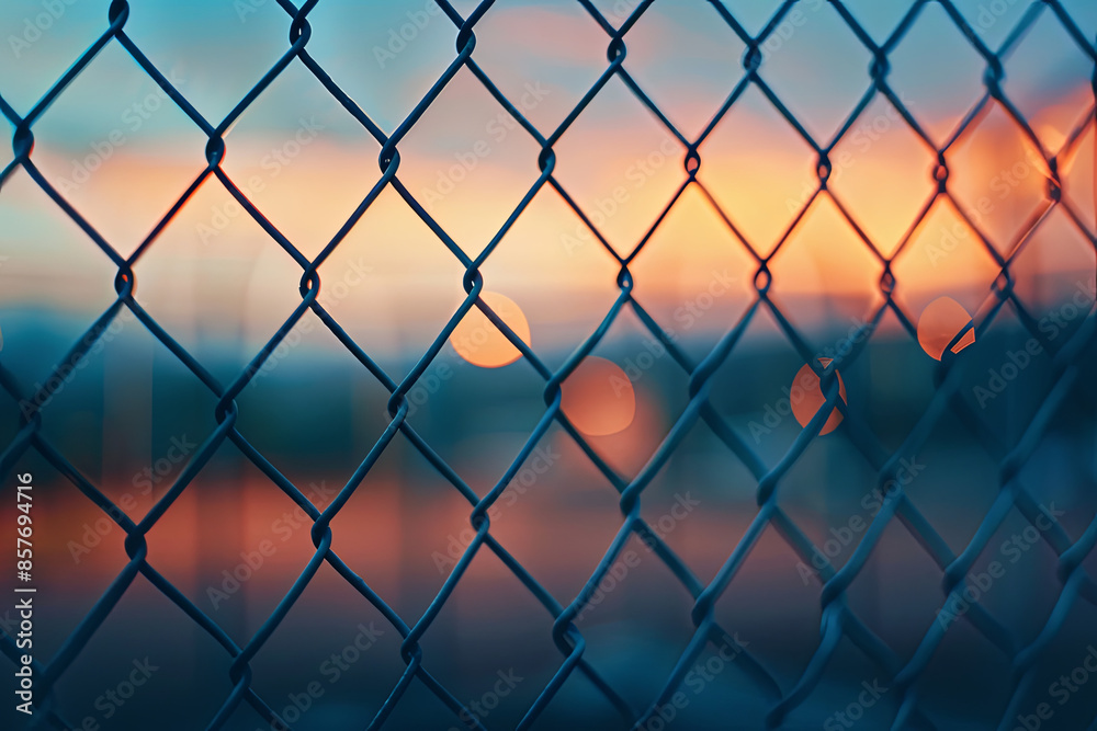 Fototapeta premium Abstract barrier wire fence at twilight, symbolizing hope and freedom amidst human rights struggles, with themes of deliverance, change, justice, and emancipation