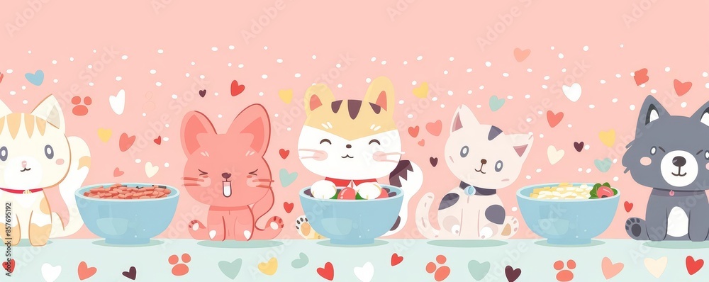 Adorable banner with cute, illustrated pets and their food bowls, against a pastelcolored background with hearts and paw prints Cute pet food banner, Adorable and illustrated pets Adorable banner with cute, illustrated pets and their food bowls, against a pastelcolored background with hearts and paw prints Cute pet food banner, Adorable and illustrated pets