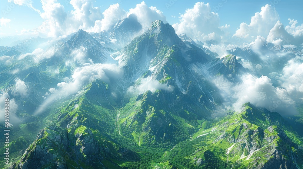 Aerial view of misty green mountains, ideal for nature, travel, and adventure content Aerial view of misty green mountains, ideal for nature, travel, and adventure content