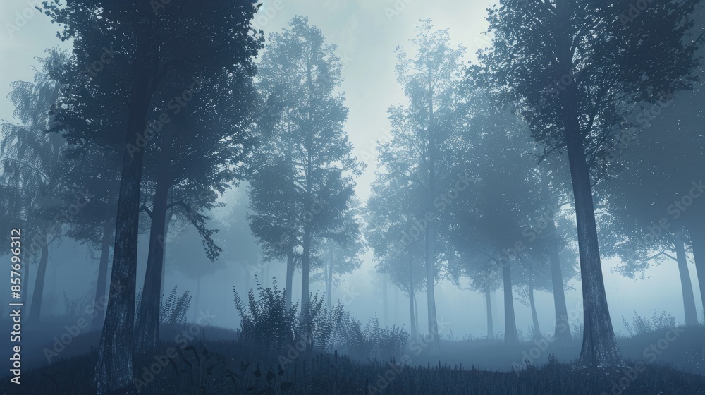 Fototapeta premium Misty morning in a tranquil forest with rays of sunlight filtering through the dense canopy of lush green trees