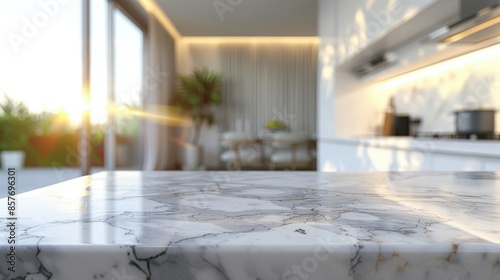 A contemporary kitchen featuring a marble countertop, sleek cabinetry, and sunlight streaming through large windows, creating a bright and inviting atmosphere. © Sunshine