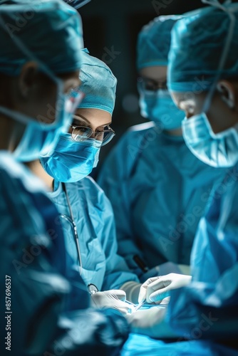 Medical team of surgeons in blue scrubs and masks performing surgery in a sterile operating room environment.