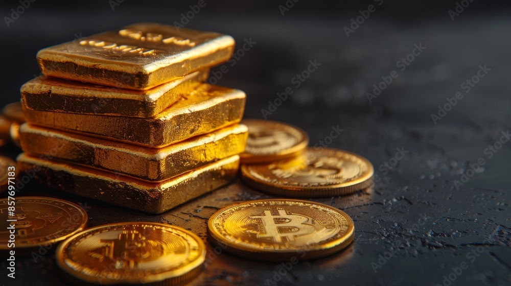 Stacked gold bars with coin elements placed around, black background isolation, raw style, rich and detailed appearance Stacked gold bars with coin elements placed around, black background isolation, raw style, rich and detailed appearance