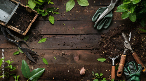A set of gardening tools such as pruning shears, trowel, and gloves, placed on a natural wooden background, surrounded by a few scattered leaves and soil. photo