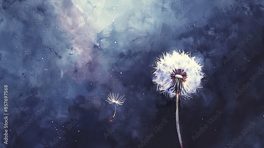 Fototapeta premium Serene watercolor of a dandelion in full bloom on a dark, contrasting background, highlighting its delicate seeds. Great for artistic banners and copyspace images