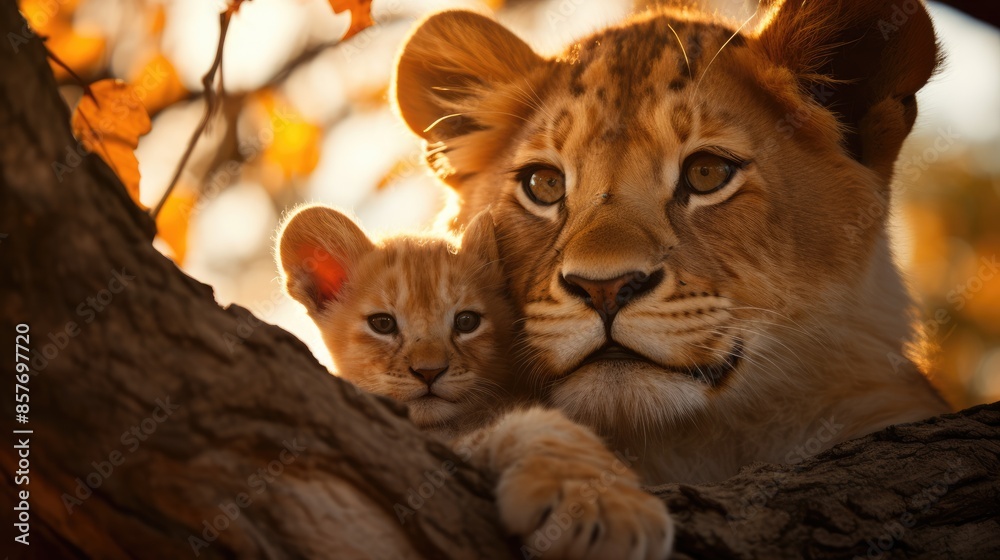 close up portrait of a lion cub with its mother relaxing
