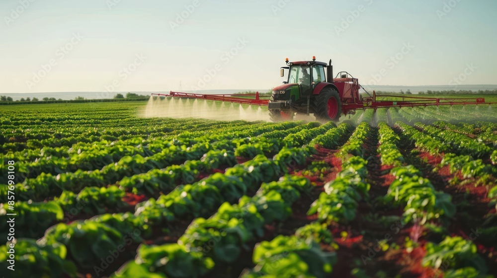 Farmer spraying field of vegetables with tractor Farmer spraying field of vegetables with tractor