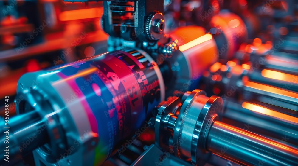 Vibrant label printing machinery rollers and ink, close-up, factory light, clear focus Vibrant label printing machinery rollers and ink, close-up, factory light, clear focus