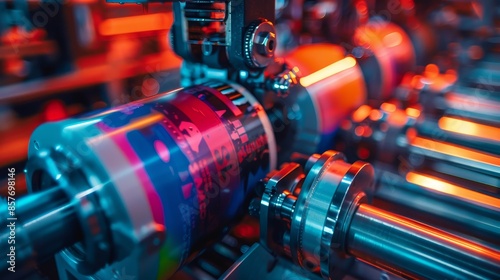 Vibrant label printing machinery rollers and ink, close-up, factory light, clear focus