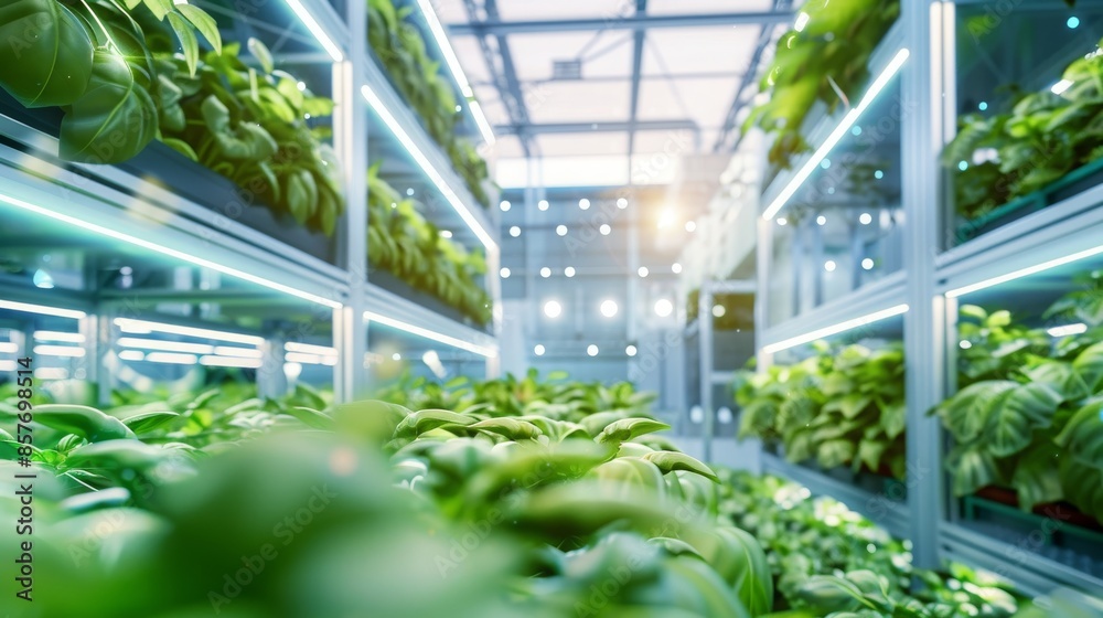 Inside a vast greenhouse, a futuristic vertical farm features rows of plants growing on stacked shelves illuminated by efficient LED grow lights. Inside a vast greenhouse, a futuristic vertical farm features rows of plants growing on stacked shelves illuminated by efficient LED grow lights.