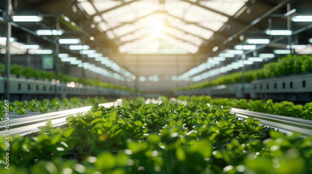 A modern vertical farm within a expansive greenhouse shows rows of plants cultivated on stacked shelves, utilizing LED grow lights to enhance their growth. A modern vertical farm within a expansive greenhouse shows rows of plants cultivated on stacked shelves, utilizing LED grow lights to enhance their growth.