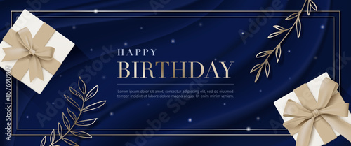 Happy birthday greeting card banner template, Luxury gold Leaves and gift box on blue wave fabric background for invitation luxury modern party event poster, celebration card, advertising. Vector
