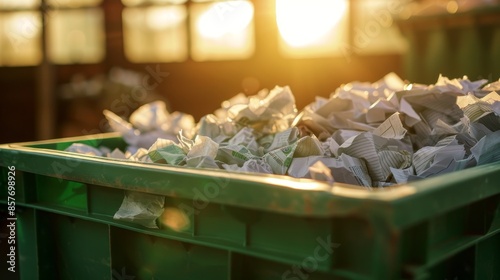 Recycling bin close-up with crumpled paper, bathed in soft morning light photo