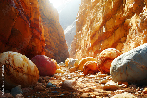 A scenic canyon filled with rocks and balls, creating a captivating natural landscape. photo