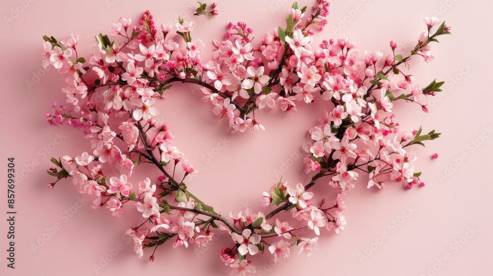 Heart-shaped arrangement of cherry blossom branches on pink background, symbolizing love and romance in a nature-inspired setting. Heart-shaped arrangement of cherry blossom branches on pink background, symbolizing love and romance in a nature-inspired setting.
