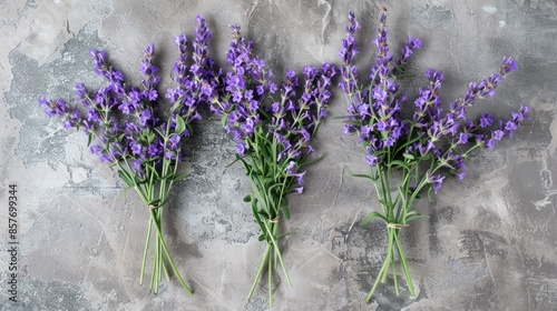 Closeup lavender flower bouquets on grey surface photo