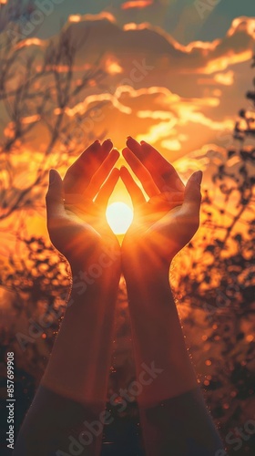 women hands praying the sun