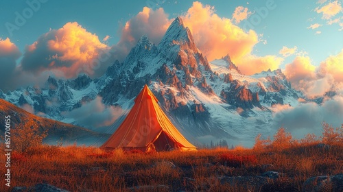  Scenic mountain landscape with an orange tent, perfect for adventure and nature exploration photo