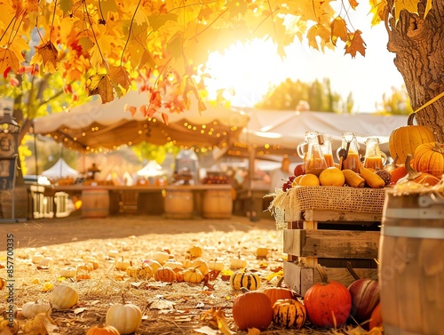 Autumn festival scene with pumpkins, gourds, and fall leaves under a golden sunset, highlighting the beauty of the harvest season.