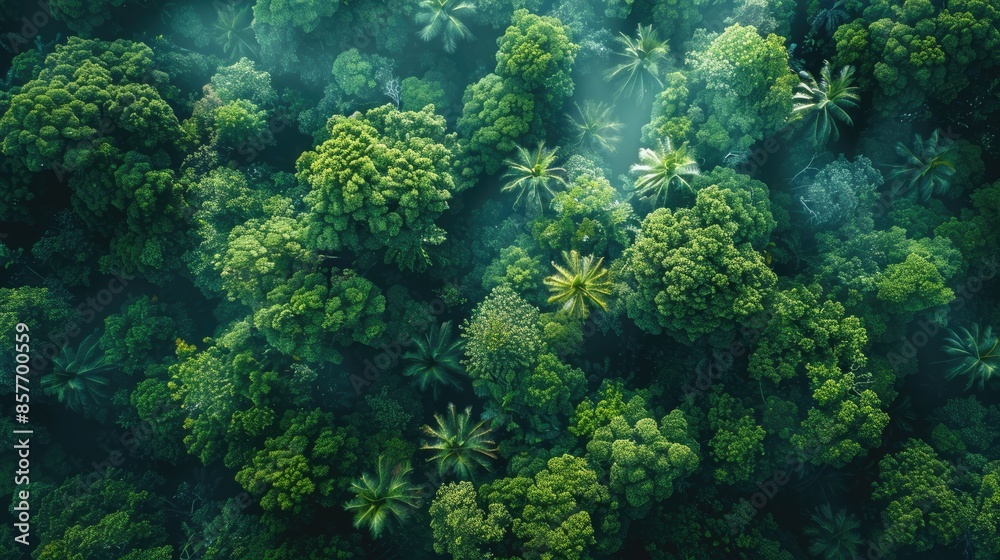 Aerial view of a lush, dense green rainforest canopy with sunlight filtering through Aerial view of a lush, dense green rainforest canopy with sunlight filtering through