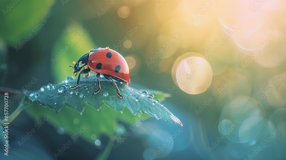 Obraz premium Beautiful Ladybug Resting on Leaf, Natural Macro Shot with Soft Focus Background