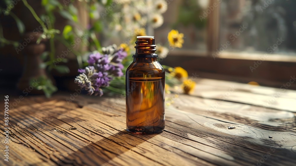 Aromarherapy essential oil bottle on wooden table Aromarherapy essential oil bottle on wooden table
