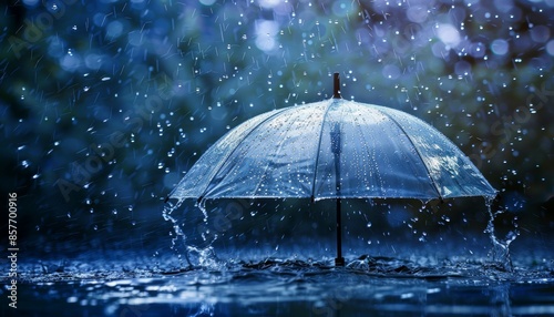 Transparent umbrella in rain  rainy weather concept with water drops splash background