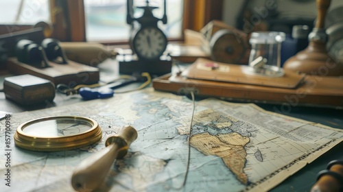 Close-up of maps, navigation charts, and tools used for strategic planning photo