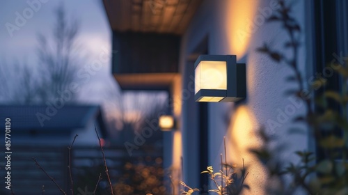 Close-up floodlight with motion sensor illuminates home facade at dusk, enhancing safety.