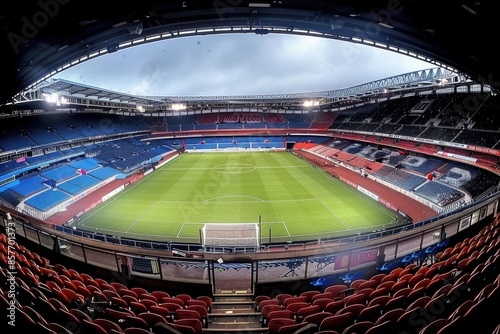 Wide angle photo of the interior view stadium football top corner of stands with empty seats, © narin
