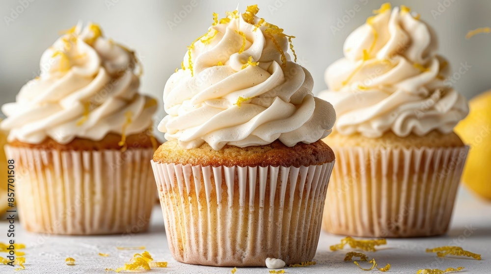 Tasty delicious lemon cream cupcake with lemon zest on light background Tasty delicious lemon cream cupcake with lemon zest on light background