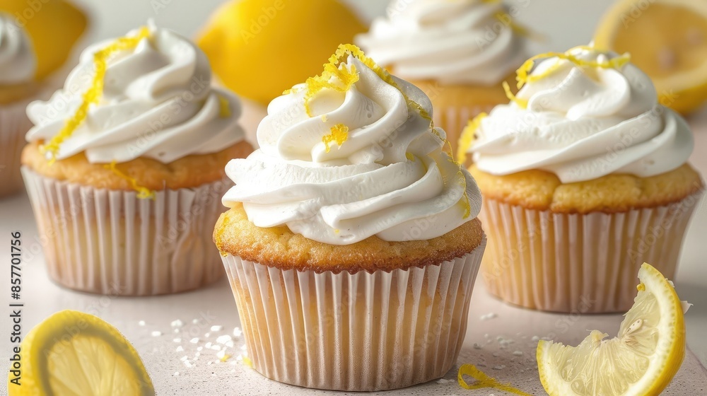 Tasty delicious lemon cream cupcake with lemon zest on light background Tasty delicious lemon cream cupcake with lemon zest on light background