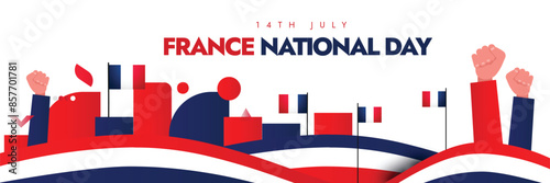 Happy France National day. 14th July Happy France Day known as Bastille Day celebration cover banner, social media post with its flag, abstract art design in its flag colour, fist bumps in air. 