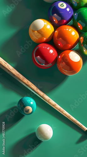 billiard table with balls and cue, generative ai