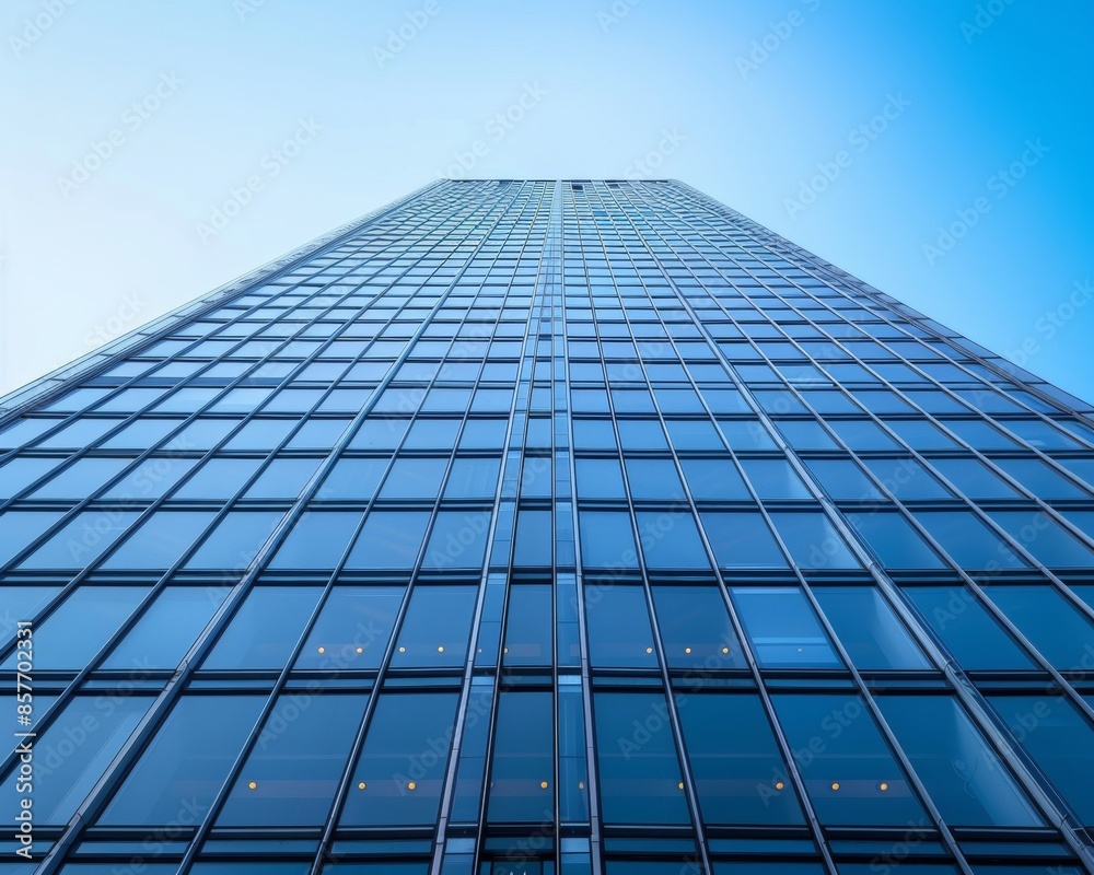 Detailed architectural view of a newly renovated skyscraper facade, showcasing modern design elements and construction techniques