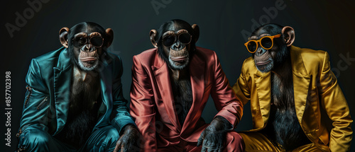 3 cool monkeys in colorful suits with sunglasses against a dark background photo
