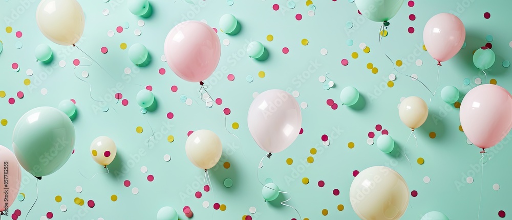 Soft pastel balloons and vibrant confetti against a light coral background Soft pastel balloons and vibrant confetti against a light coral background