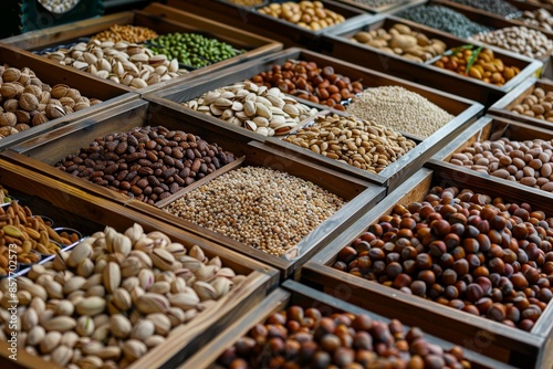 Assorted nuts and seeds display at an upscale market for premium quality selection