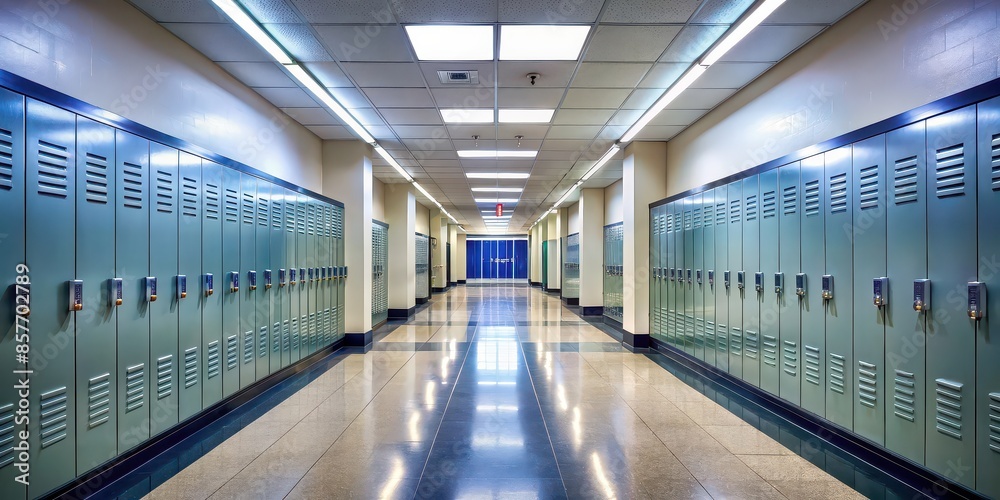 Hallway in high school with lockers and bright lighting, school, hallway, lockers, teenage, girl, happy, cheerful, smiling, student, education, adolescence, youth, vibrant, energetic