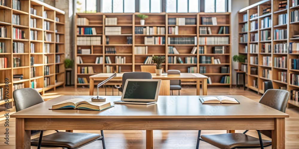 Modern library interior with a student desk and chair, open book, tablet, pen, and glasses, smart, creative, modern, student, reading, book, library, study, education, learning, knowledge