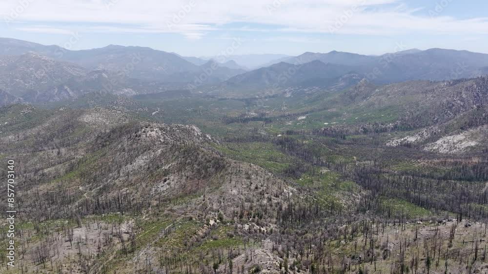 High and wide aerial above mountain range and burned area near Sequoia National Forest, California on a sunny day. High and wide aerial above mountain range and burned area near Sequoia National Forest, California on a sunny day.