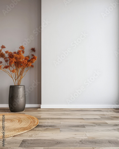 Minimalist interior design composition with zen serene elements in an apartment room filled with natural window lighting. Residential Real Estate concept image.