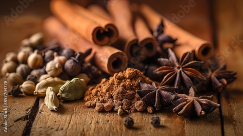 Fototapeta Naklejka Na Ścianę i Meble -  A close-up image of various spices arranged on a wooden surface, including cinnamon sticks, cardamom pods, cloves, and star anise. Generative AI